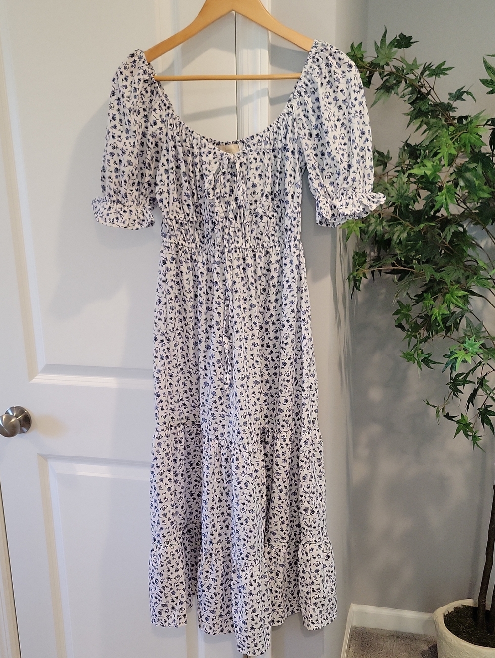 Indulge White Maxi Dress with Blue Floral Print ,Size S